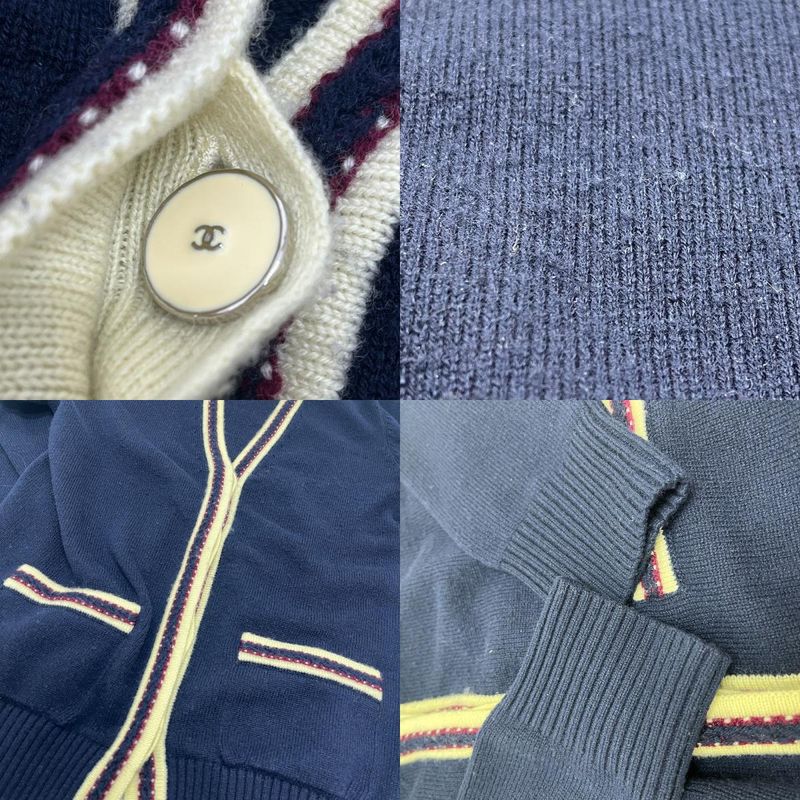 Chanel Cardigan CC Logo Button Cashmere Navy Blue & Red &