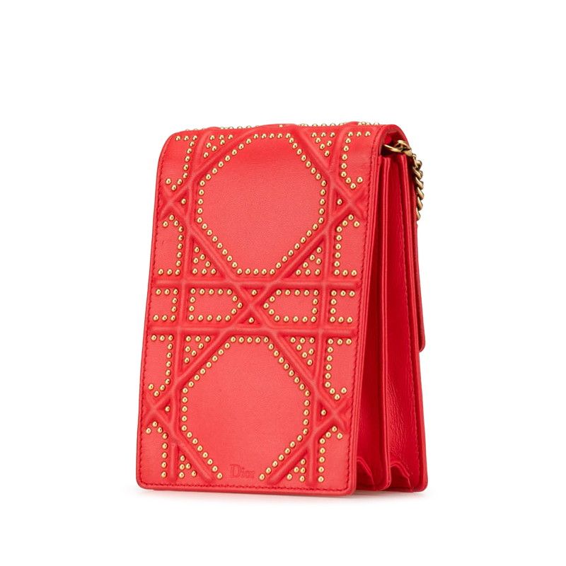 Diorama Studded Crossbody Chain Shoulder Bag Red Gold Leather