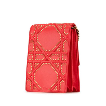 Diorama Studded Crossbody Chain Shoulder Bag Red Gold Leather