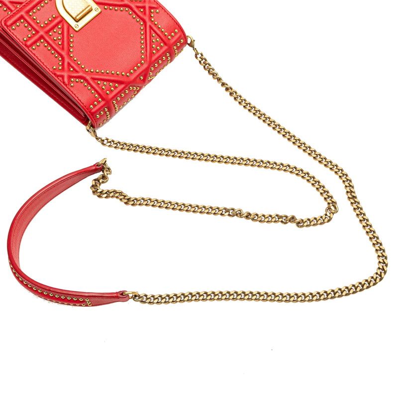 Diorama Studded Crossbody Chain Shoulder Bag Red Gold Leather