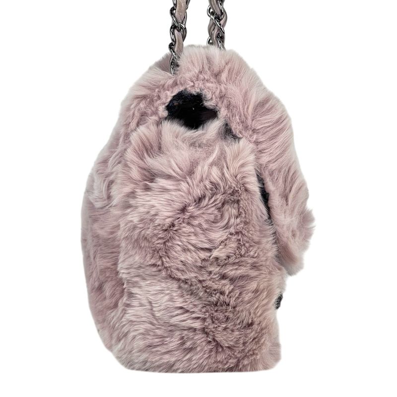 Chanel CC Logo Chain Shoulder Bag Tweed Fur Pink Black