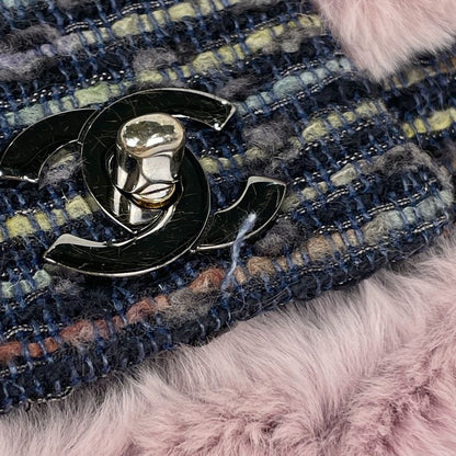 Chanel CC Logo Chain Shoulder Bag Tweed Fur Pink Black