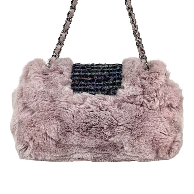 Chanel CC Logo Chain Shoulder Bag Tweed Fur Pink Black