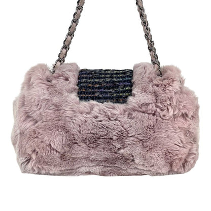 Chanel CC Logo Chain Shoulder Bag Tweed Fur Pink Black