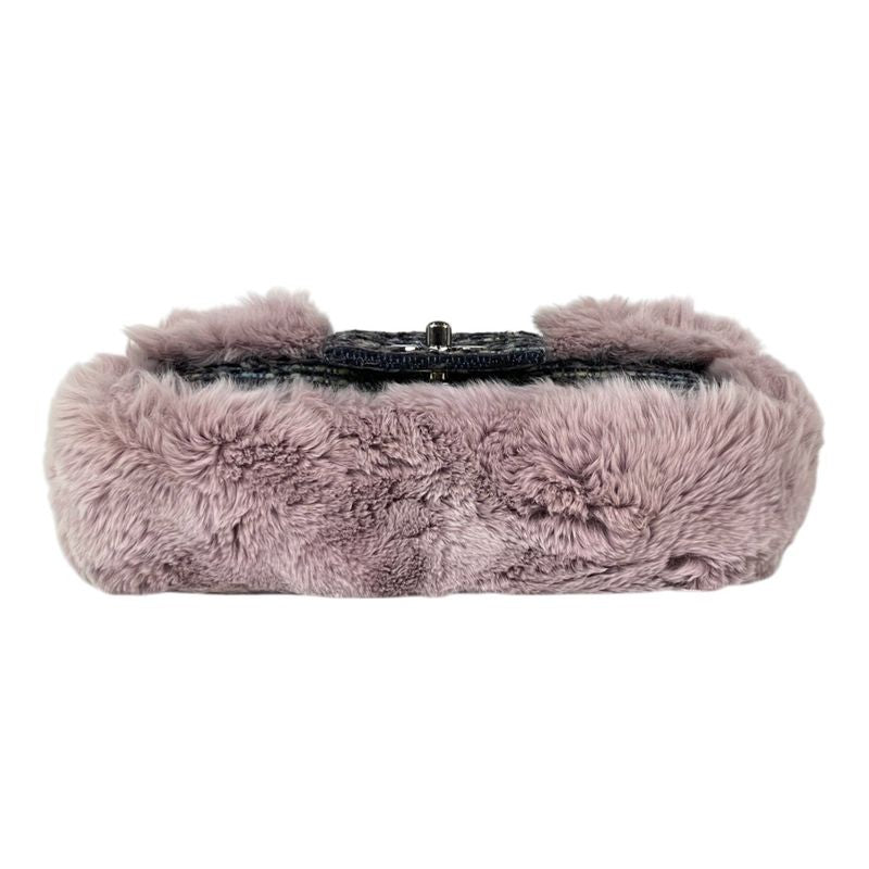 Chanel CC Logo Chain Shoulder Bag Tweed Fur Pink Black