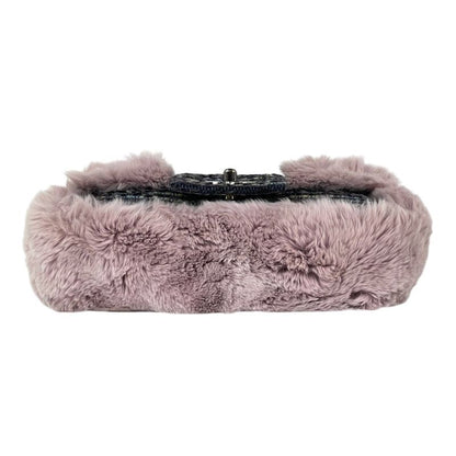 Chanel CC Logo Chain Shoulder Bag Tweed Fur Pink Black