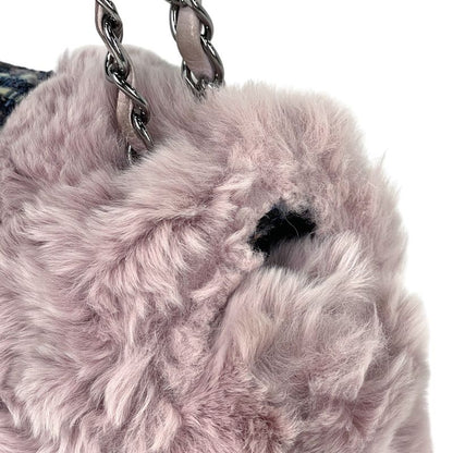 Chanel CC Logo Chain Shoulder Bag Tweed Fur Pink Black