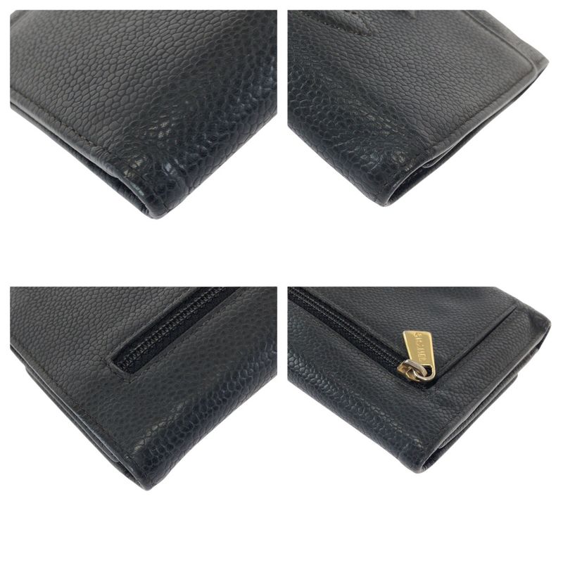 Chanel Vintage CC Logo Black Gold Caviar Leather Fold Wallet Compact