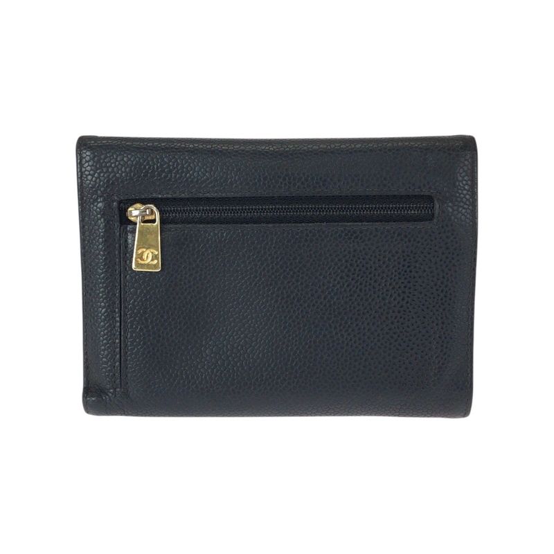 Chanel Vintage CC Logo Black Gold Caviar Leather Fold Wallet Compact