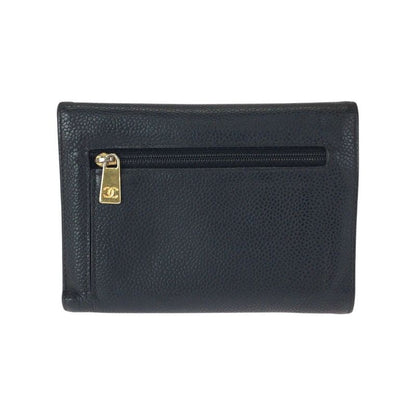 Chanel Vintage CC Logo Black Gold Caviar Leather Fold Wallet Compact