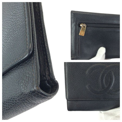 Chanel Vintage CC Logo Black Gold Caviar Leather Fold Wallet Compact