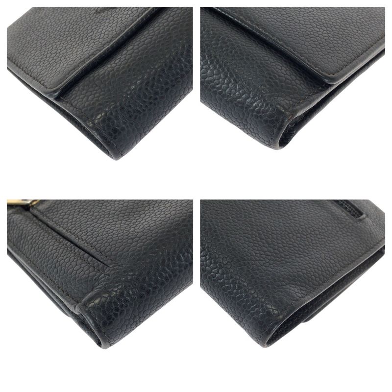 Chanel Vintage CC Logo Black Gold Caviar Leather Fold Wallet Compact