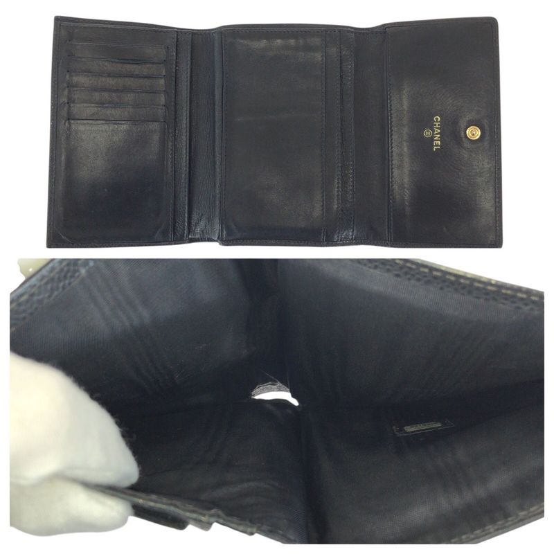 Chanel Vintage CC Logo Black Gold Caviar Leather Fold Wallet Compact