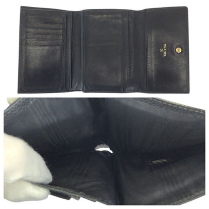 Chanel Vintage CC Logo Black Gold Caviar Leather Fold Wallet Compact