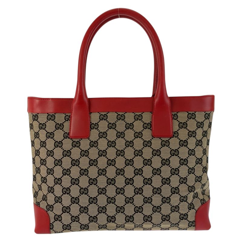 Gucci Red Beige GG Canvas Leather 002 Tote