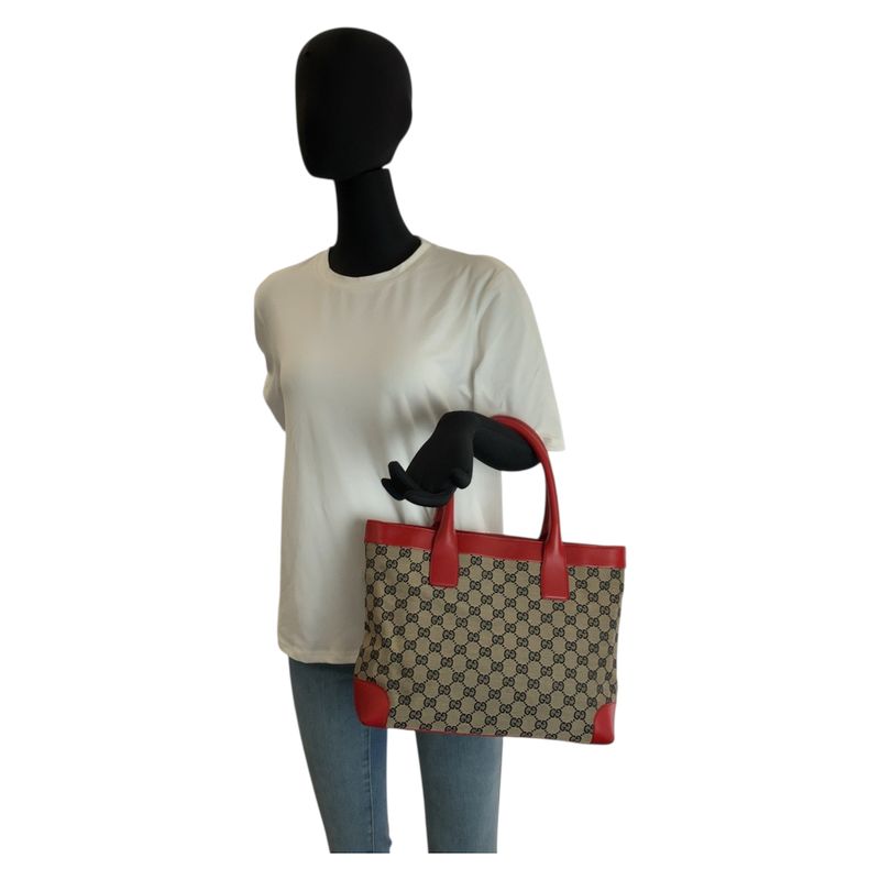 Gucci Red Beige GG Canvas Leather 002 Tote