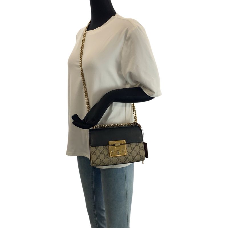 Gucci Padlock Beige Black Gold GG Supreme Canvas Leather Chain Shoulder Bag