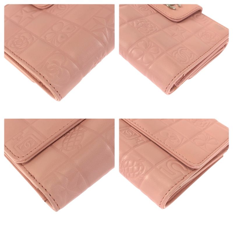 Chanel Vintage Icon Choco Bar CC Logo Pink Silver Lambskin Folding