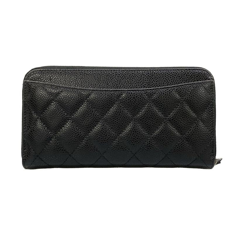Chanel Wallet Quilted Black Zip Around Silver