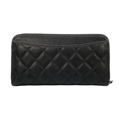 Chanel Wallet Quilted Black Zip Around Silver
