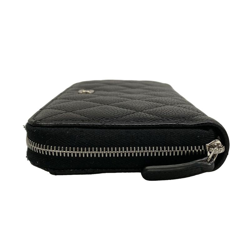 Chanel Wallet Quilted Black Zip Around Silver