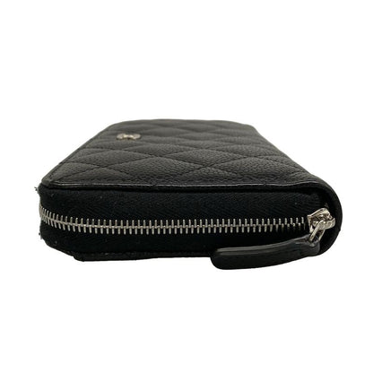 Chanel Wallet Quilted Black Zip Around Silver