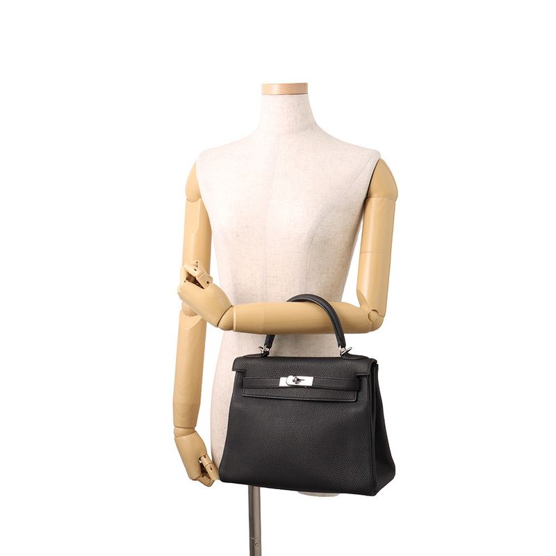 Hermes Handbag Kelly 28 Inner Sewing Black Silver Togo 2-Way