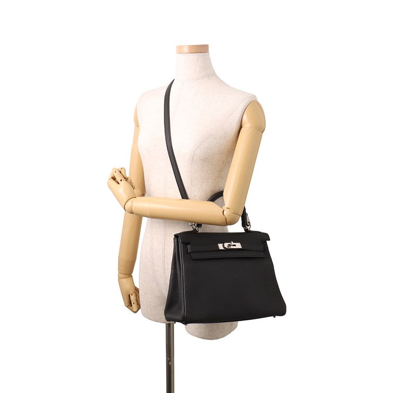 Hermes Handbag Kelly 28 Inner Sewing Black Silver Togo 2-Way