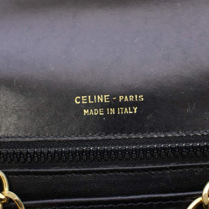 Celine Vintage Triomphe Chain Shoulder Bag Leather Black Gold Yt Oh