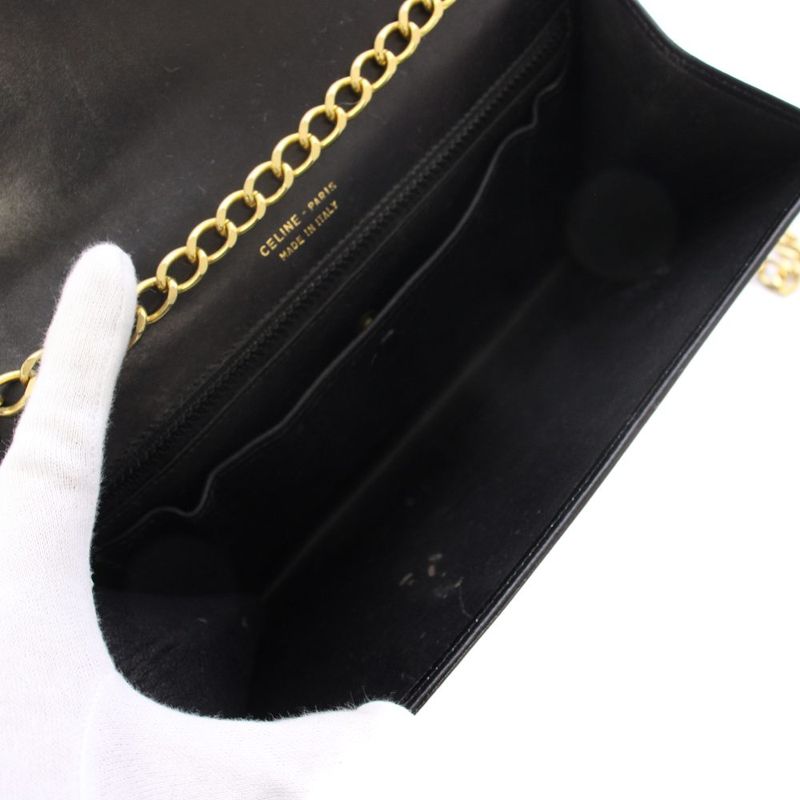 Celine Vintage Triomphe Chain Shoulder Bag Leather Black Gold Yt Oh