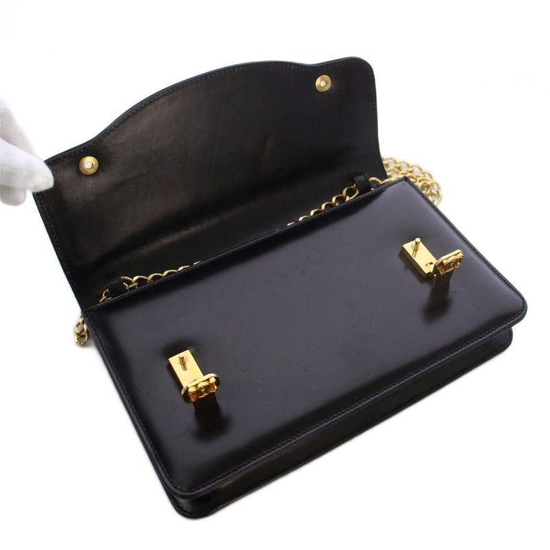 Celine Vintage Triomphe Chain Shoulder Bag Leather Black Gold Yt Oh