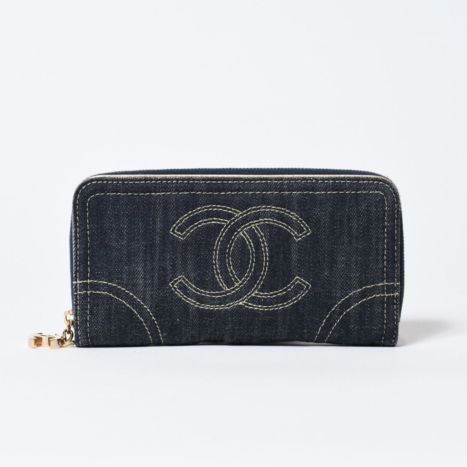Chanel CC Logo Round Wallet Blue Denim Leather Gold