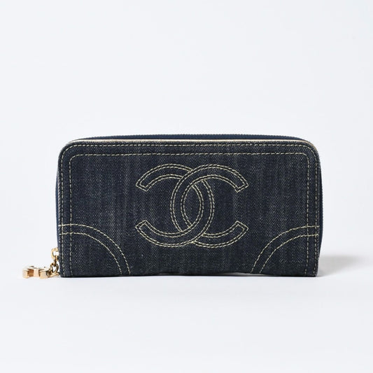 Chanel CC Logo Round Wallet Blue Denim Leather Gold