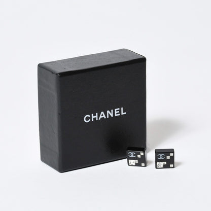 Chanel CC Logo Earrings 05 Acrylic Rhinestone Black Clear Silver