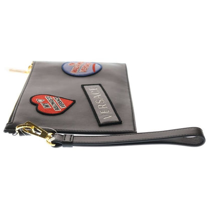 Versace Clutch Patch Logo Black Leather