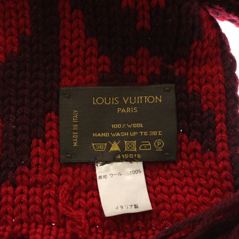 Louis Vuitton Echarpe Grand Floor Monogram Wool Fringe Scarf Red