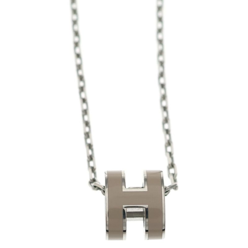 Hermes Mini Pop Logo Necklace Silver Beige Silver-beige