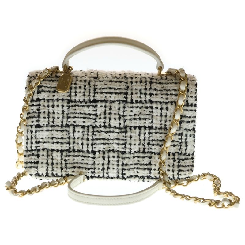 Chanel Top Handle Mini CC Logo Tweed Lambskin 2-Way Flap Shoulder Bag Black White