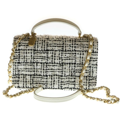 Chanel Top Handle Mini CC Logo Tweed Lambskin 2-Way Flap Shoulder Bag Black White
