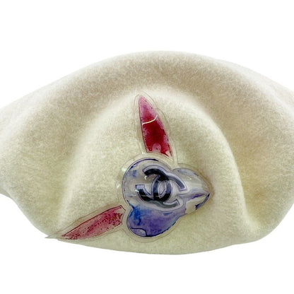 Chanel Cap Hat Vintage Vinyl CC Wool Beret Ivory