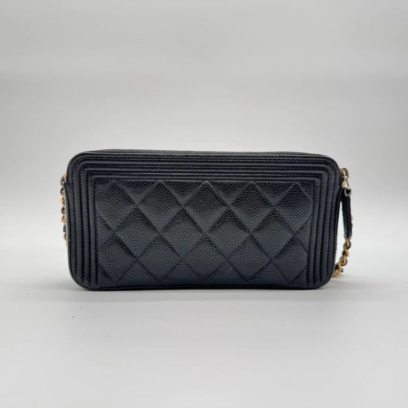 Chanel Large Shoulder Bag Quilted CC Logo Gold Chain Black Leather