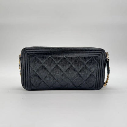 Chanel Large Shoulder Bag Quilted CC Logo Gold Chain Black Leather