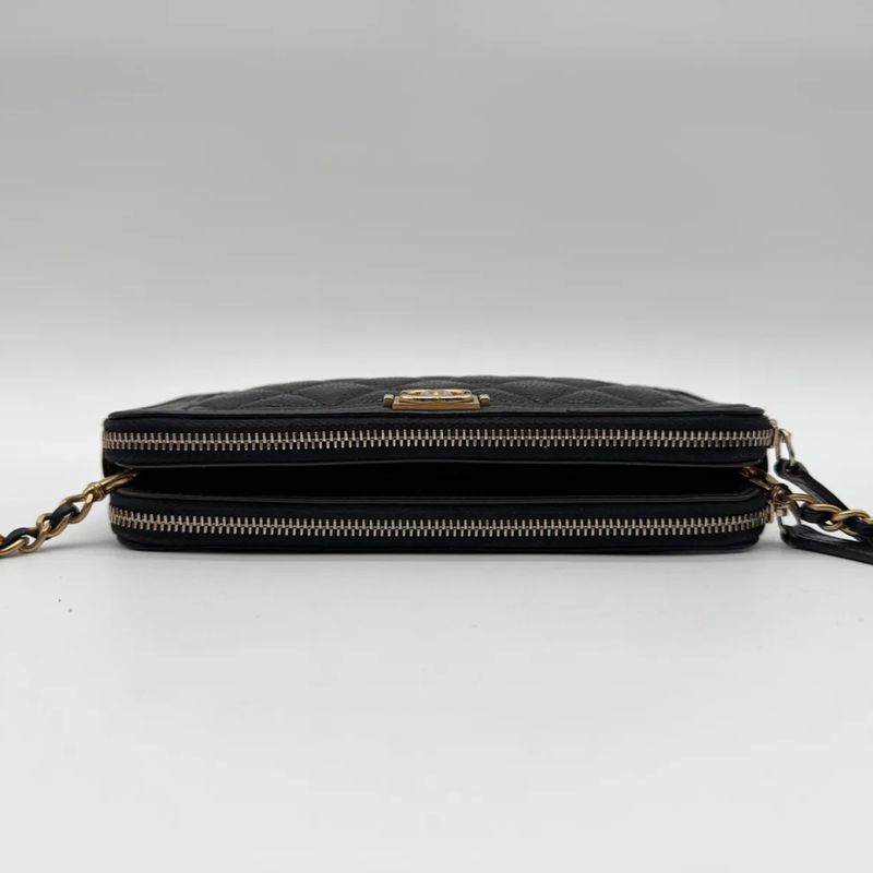 Chanel Large Shoulder Bag Quilted CC Logo Gold Chain Black Leather