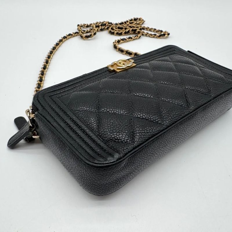 Chanel Large Shoulder Bag Quilted CC Logo Gold Chain Black Leather