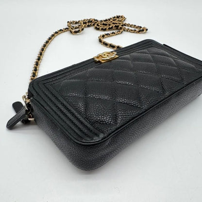 Chanel Large Shoulder Bag Quilted CC Logo Gold Chain Black Leather