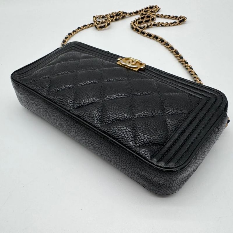 Chanel Large Shoulder Bag Quilted CC Logo Gold Chain Black Leather