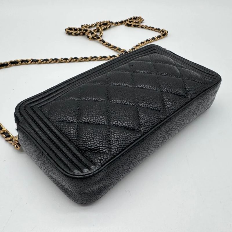 Chanel Large Shoulder Bag Quilted CC Logo Gold Chain Black Leather