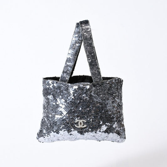 Chanel Sequin Handbag CC Logo Rhinestone Silver Clear