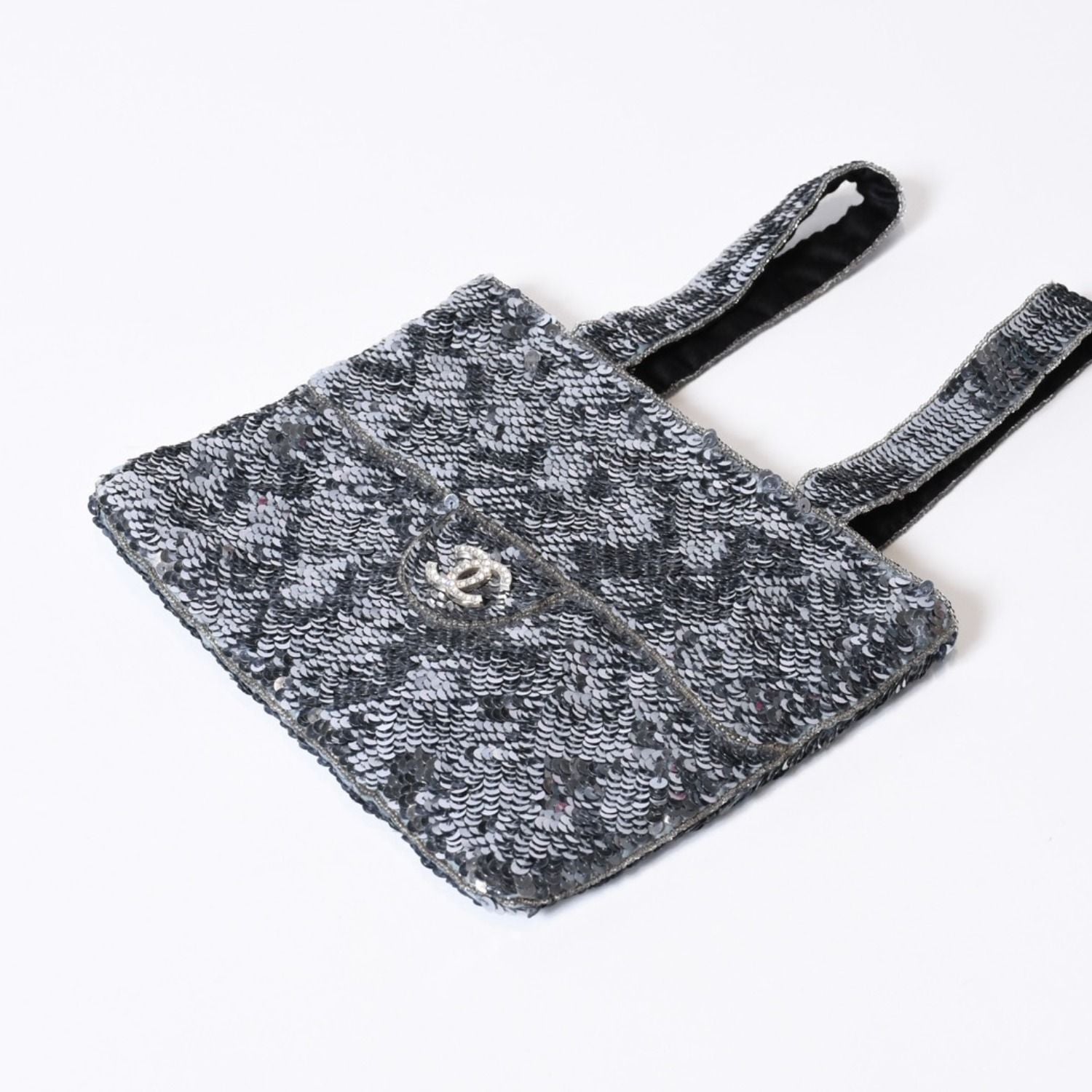 Chanel Sequin Handbag CC Logo Rhinestone Silver Clear — view 5