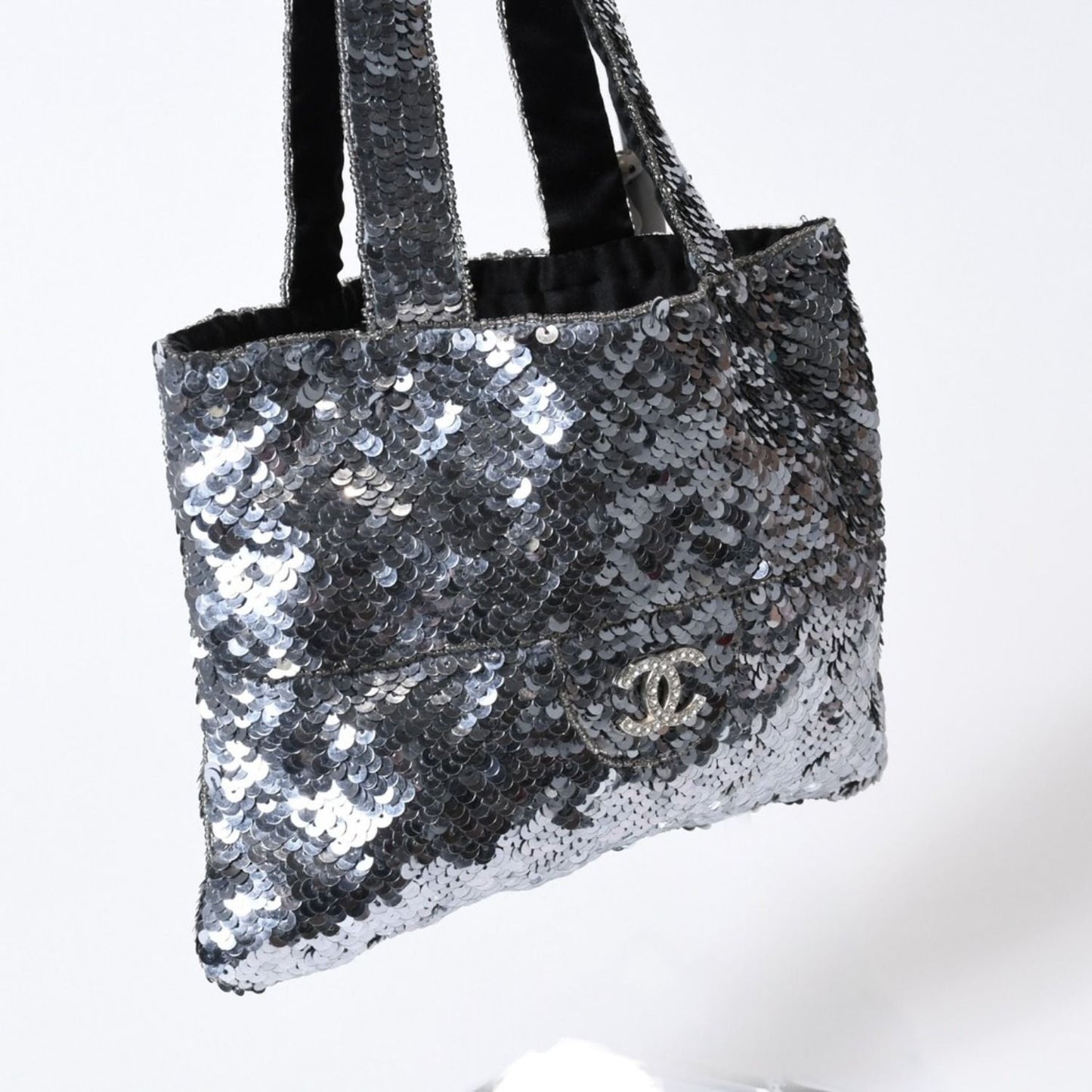 Chanel Sequin Handbag CC Logo Rhinestone Silver Clear — view 3